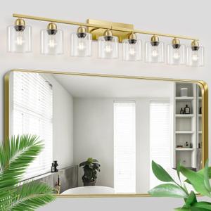 Modern Brushed Gold 8 Light Bathroom Light Fixtures, 52 inch Vanity Lights for Bathroom with Clear Glass, Bathroom Light Fixture for Mirror Kitchen Living Room Hallway Cabinet Porch
