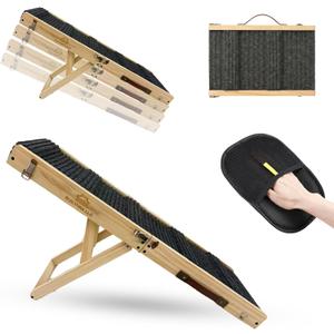 Dog Ramp for Bed & Couch, Foldable 4 Adjustable Dog Stairs for Small & Medium Dogs, Non-Slip Carpet Surface, Solid Pine Wood Dog Ramp for High Bed Sofa, Portable Dog Steps for Bed