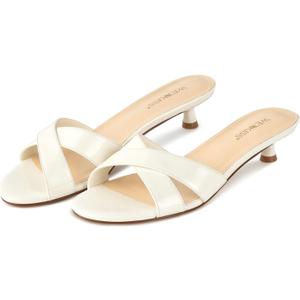wetkiss Womens Heeled Sandals Open Round Toe Slip on Kitten Heel Mules Low Heel Slide Sandals for Women Cross Strap Backless Mule Flats Comfortable Summer Dress Heels (6, Patent White)