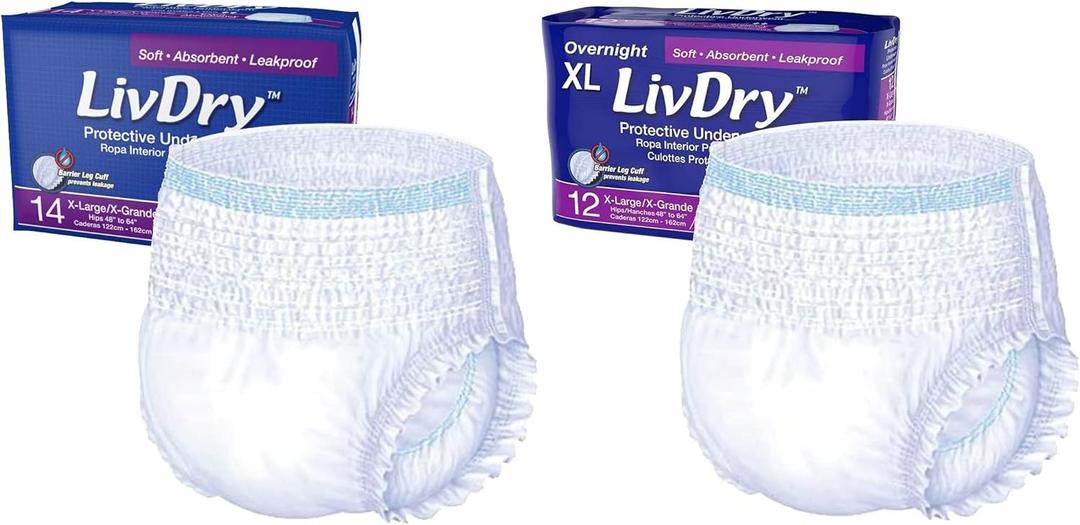 LivDry Adult Incontinence Underwear, Extra Absorbency with Overnight Comfort Bundle - Extra Large, Bag