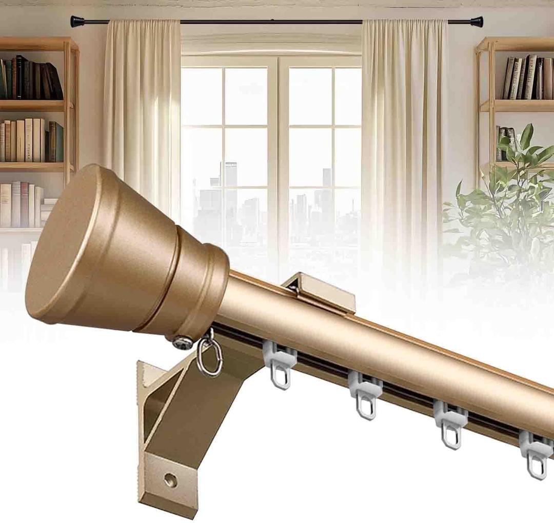 Curtain Single Track Wall Mounted, Roman Rod for Windows, Heavy Duty Drapery Rail with Aluminum Bracket, Silent Curtain Rails System for Room Divider Living Room Bedroom Hospital (Gold, 2.2m(7.2ft)