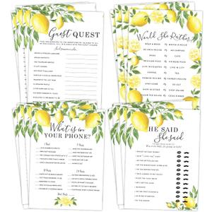 Your Main Event Prints Lemon Bridal Shower Bachelorette Games - Floral He Said She Said, Find The Guest, Would She Rather, What's in Your Phone - 25 Games Each, 1 Game Per Side