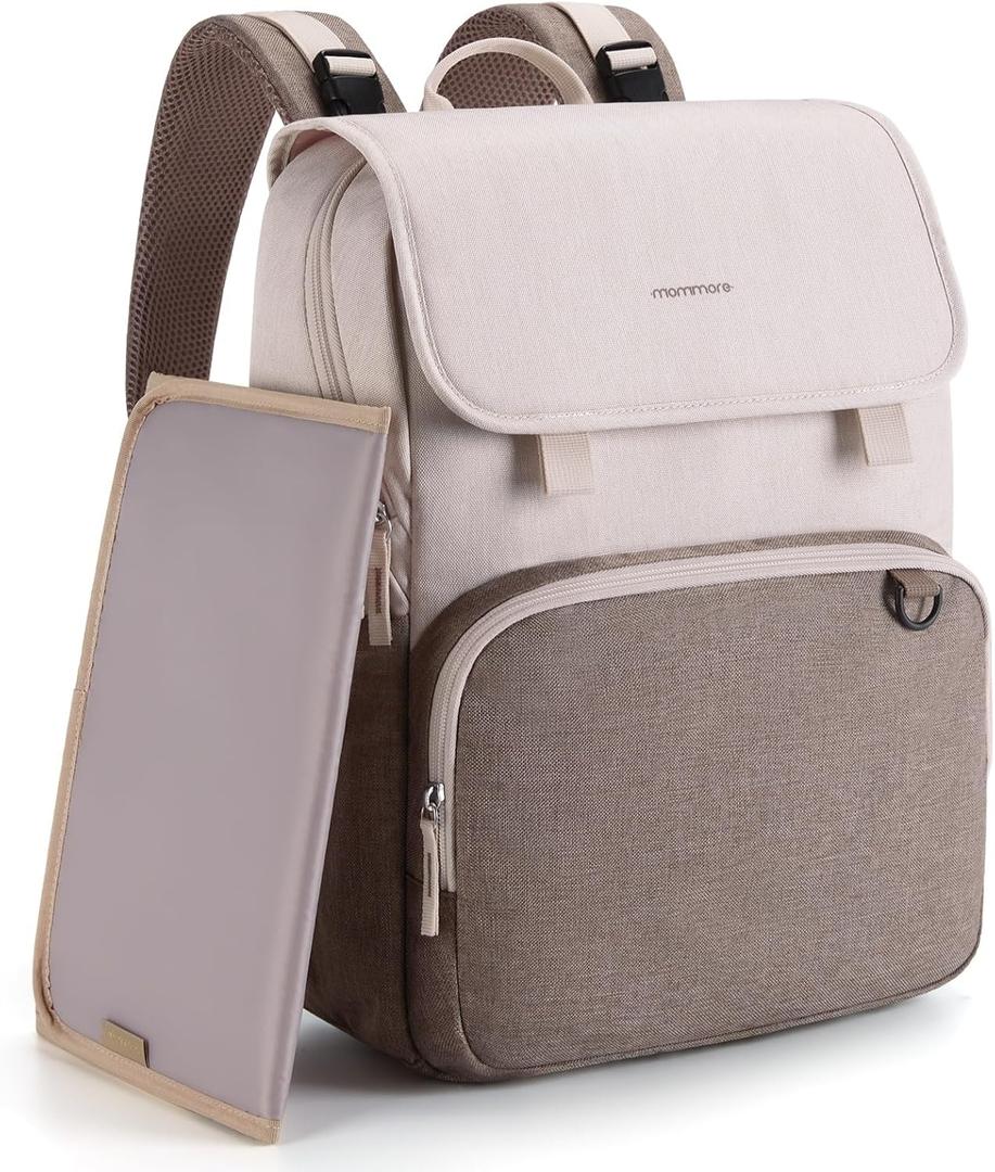 mommore Diaper Bag Backpack Unisex Baby Bag Large Diaper Bag with Changing Pad, Insulated Pockets, Stroller Buckles, Durable Travel Backpack with Luggage Strap (Beige+brown)