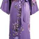 BABEYOND Women's Kimono Robe Long Satin Silky Floral Lightweight Bridesmaid Wedding Bachelorette Party Robe (Purple)