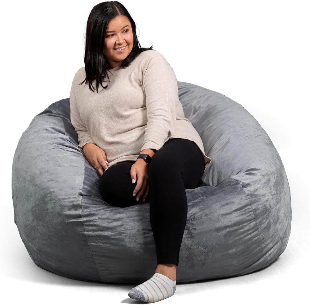 Big Joe Fuf Large Foam Filled Bean Bag Chair with Removable Cover, Gray Plush, Soft Polyester, 4 feet Big