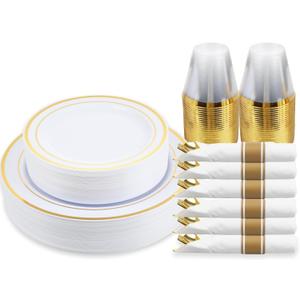M MCIRCO 175 Piece Gold Dinnerware Set - 50 Plastic Plates, 25 Cups, 25 Pre Rolled Napkins with Plastic Silverware, Disposable Gold Dinnerware Set for 25 Guest