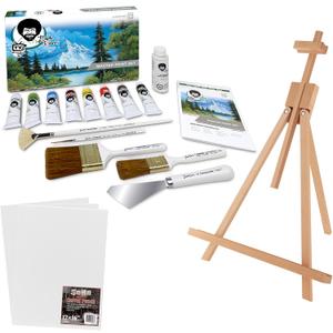 Bob Ross Master Artist Oil Paint 15 Piece Bundle Plus Wood Tabletop Travel Art Easel and Canvas Panels (3pk) - 12x16 (3 Items)