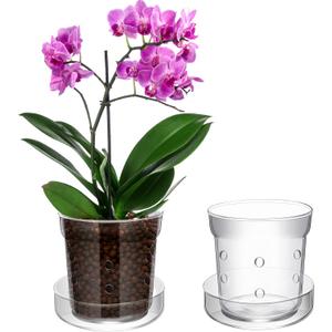 Baderke 1 Pcs Orchid Pot with Drainage Holes and Tray Transparent Glass Pot Planter for Orchids Flower Repotting Anti Slip Glass Plant Vase for Indoor Outdoor Home Decor (6 Inch)