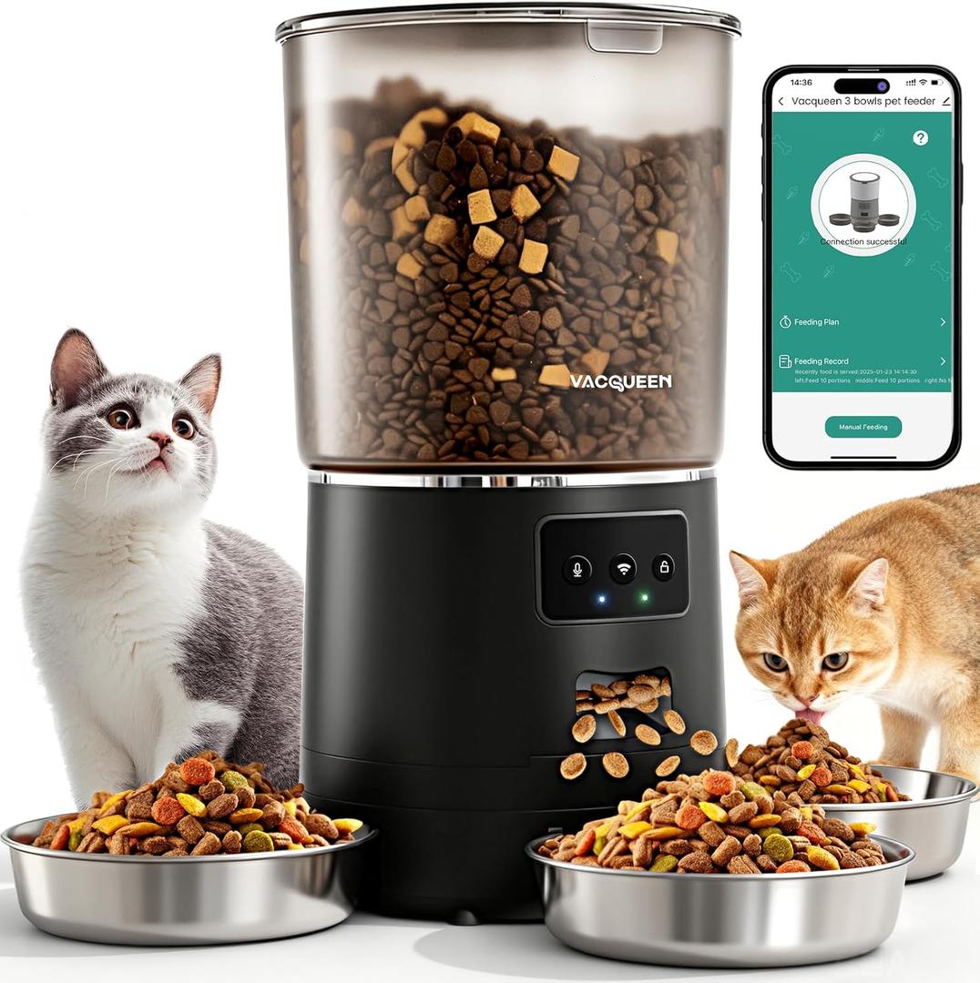 Automatic Cat Feeder for 3 Cats, 6L/25 Cups Smart WiFi Pet Feeder, Strong Anti-Jam System, Dual-Effect Desiccant Cat Food Dispenser, with 10S Voice Recorder for Cats and Small Dog (Black)