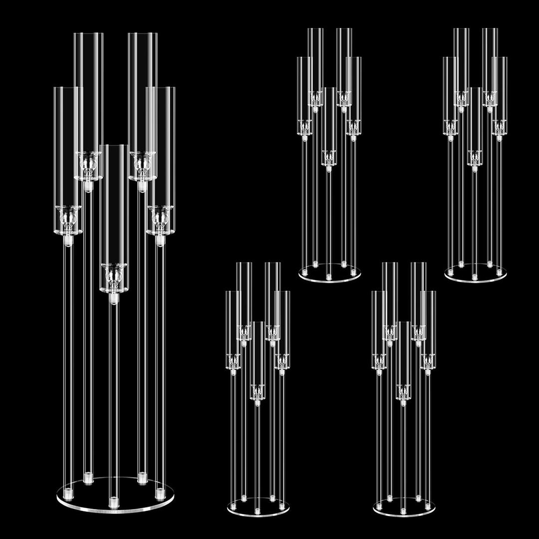 4 set 5 Arms 34.6'' Acrylic Candelabra Centerpieces for Wedding Table Decorations,Clear 5 Arms Candlesticks Holder with Acrylic Shade for Valentine's Day Dinner Party Fireplace Gift Fit LED Candle