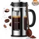French Press Coffee Maker 34oz, Heat Resistant Thickened Glass Stainless Steel Brewer, Easy to Clean, 4-Level Filtration, Cold Brew Cafe/Tea Pot for Kitchen Camping Travel, Gifts, Bar