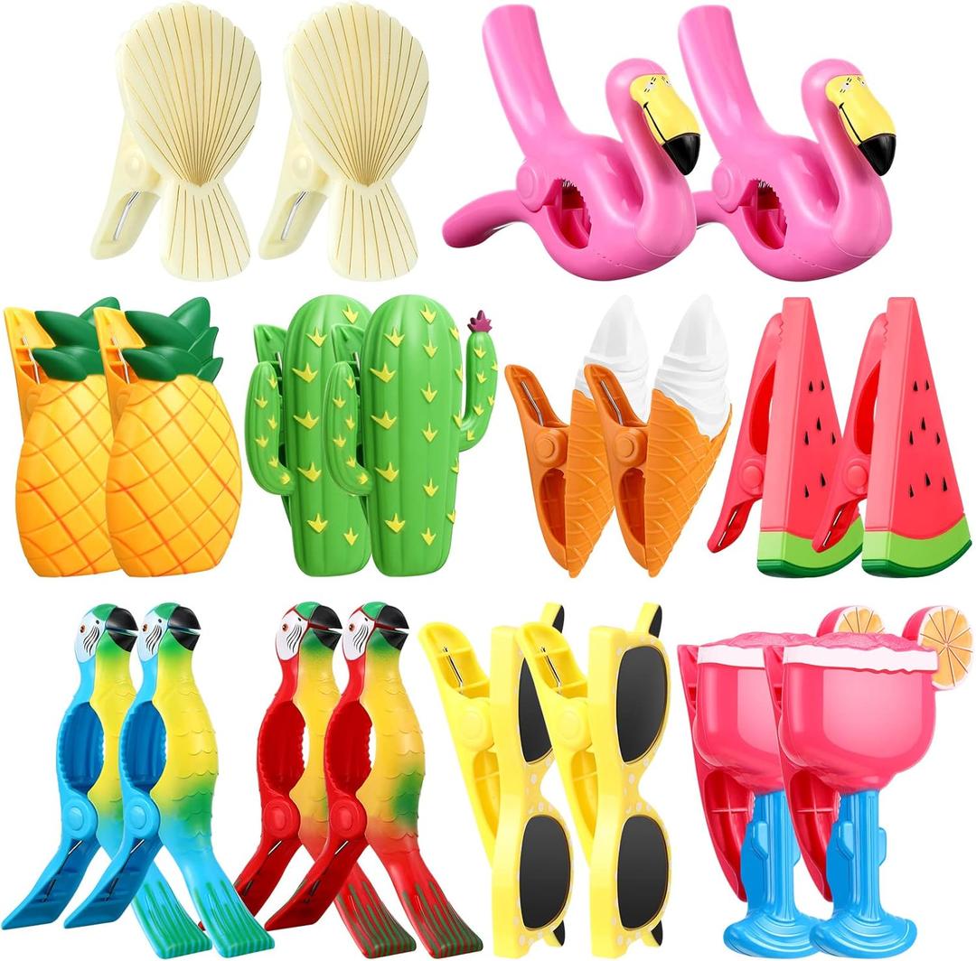 20 Pcs Beach Towel Clips Plastic Beach Chair Clips Flamingo Parrot Watermelon Pineapple Ice Cream Portable Swimming Pool Towel Holder Funny Clothespins for Christmas Party Gift Pool Blanket Decoration