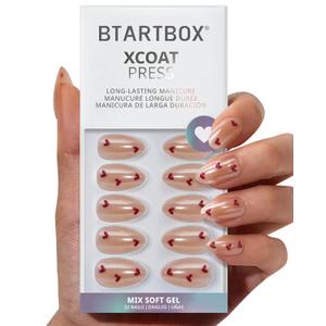 BTArtbox Press On Nails Short - Feel My Love, Lamp-Curable 3D Red Heart Valentines Almond Press On Nails with Glue and Adhesive Tabs for Women in 16 Sizes - 32 Nails All-in-One Kit