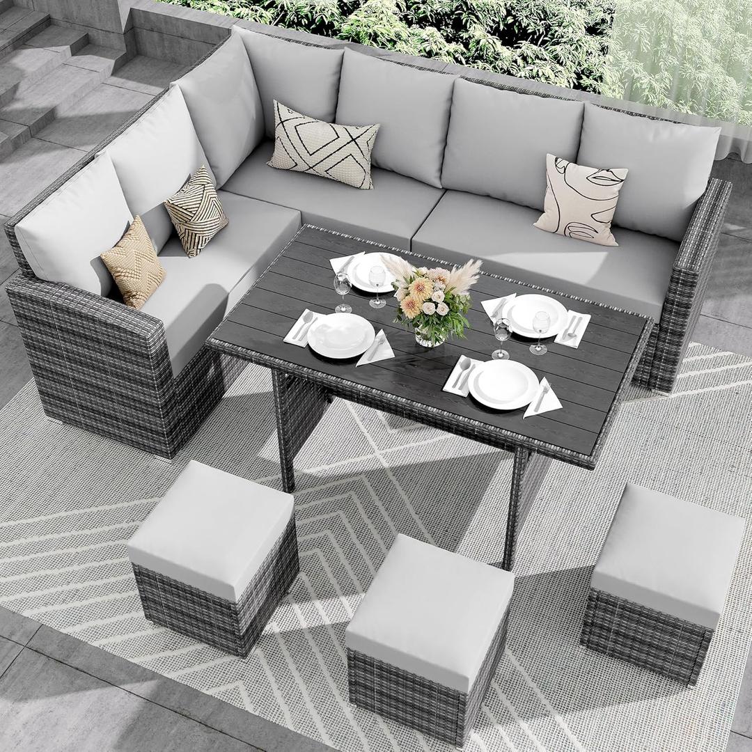 IDEALHOUSE 7 Pieces Outdoor Dining Set,Patio Sectional Sofa Conversation Set All Weather Wicker Rattan Couch Dining Table & Chair with Ottoman (Grey Rattan + Grey Cushions)