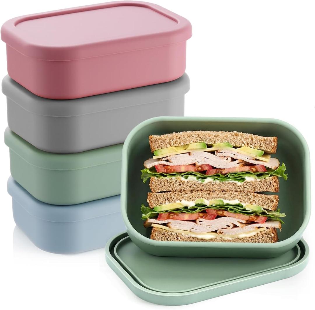 Layhit 4 Pcs Silicone Bento Box Lunch Box for Adult, 23.7 oz Reusable Sandwich Containers Food Storage with Lids Airtight for Lunch Meals Snacks, Dishwasher Freezer Safe (Gray Lotus Pink Multicolor)