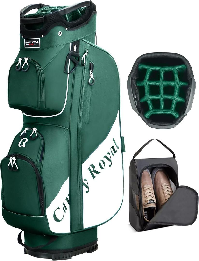 Golf Cart Bag:14 Way Full Length Divider Top Lightweight with Cooler Handles Rain Cover and Golf Shoe Bag Green