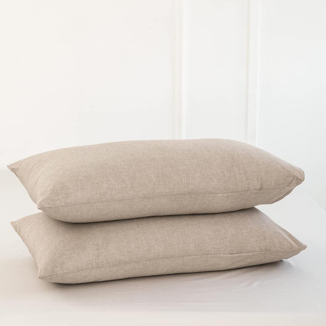 MooMee Bedding Pillowcases Pack of 2 100% Washed Cotton Linen Like Textured Breathable Durable Soft Comfy (Heathered Taupe, Queen)