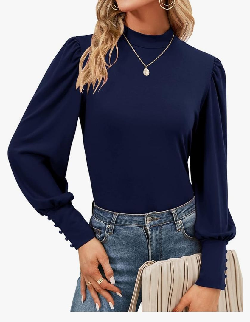 Qirno Womens Mock Neck Puff Long Sleeve Tops Casual Loose Solid Basic T Shirt Button Cuffs Pullovers Shirts Blouse