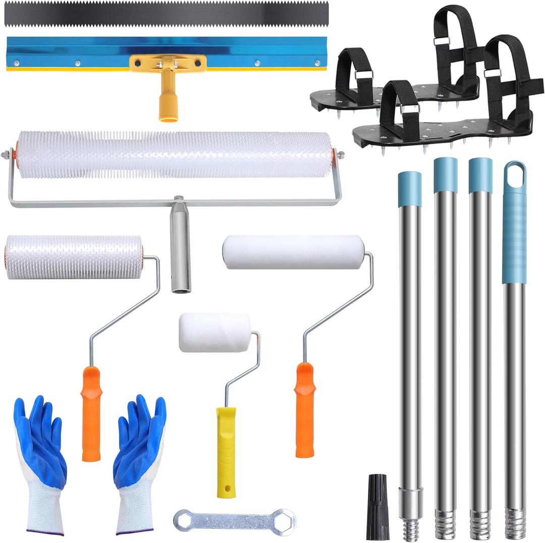 Self Leveling Cement Tool Kit- Epoxy Floor Tool Kit Includes Self-Leveling Rake, 2 Spiked Roller, 2 Flooring Construction Painter Roller, 16-63 Telescopic Poles, Epoxy Spike Shoes and Gloves