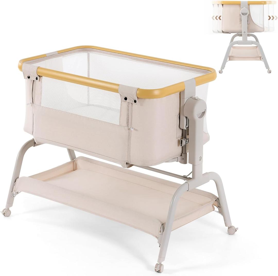 3-in-1 Baby Bassinet Bedside Sleeper with Memory Foam Mattress, Adjustable Rocking Crib, Breathable Mesh & Wheels, Spine Protection, CPSC Certified for Newborns & Infants