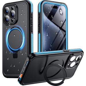 Temdan Magnetic for iPhone 15 Pro Case Waterproof,[IP68 Underwater] [Built-in Ring Invisible Stand & Screen Protector][Drop-Resistant][Dustproof] Shockproof Phone Case 6.1'' -Blue
