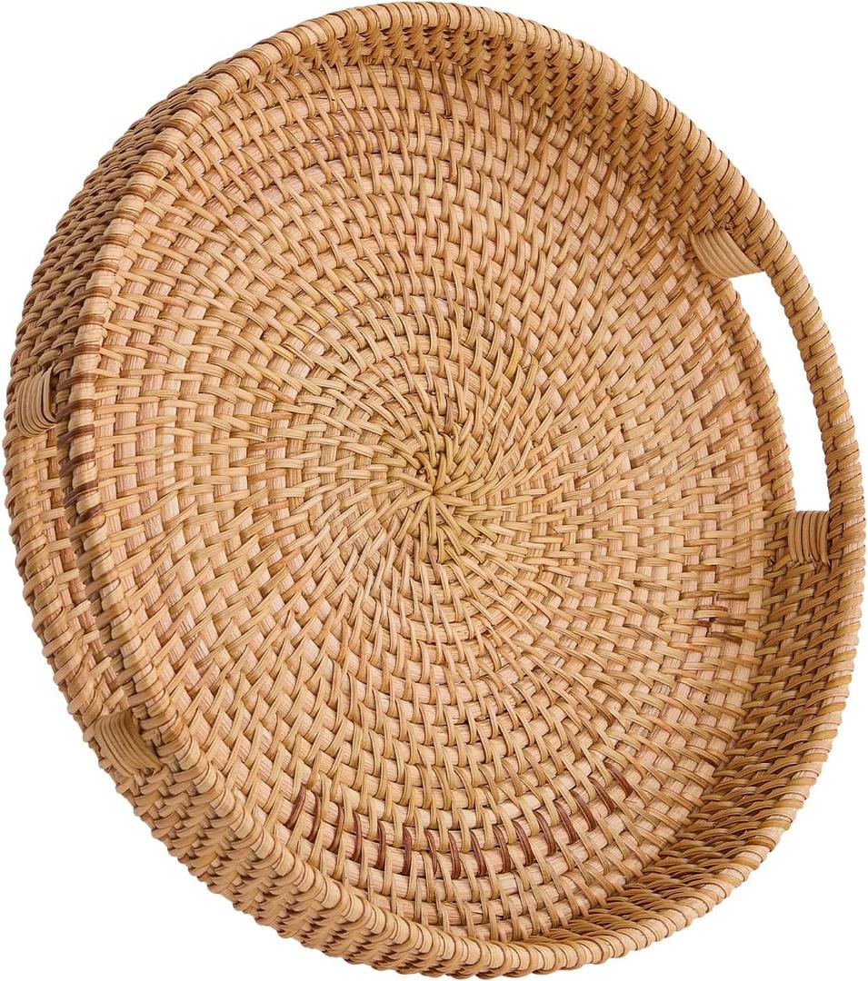 Round Rattan Serving Tray, Hand-Woven Tray with Handles, Ottoman Decorative Coffee Table Tray, Wicker Storage Basket for Tea, Fruit, Bread (Natural, 13.5")