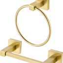 BigBig Home Gold Toilet Paper Holder Towel Ring, Brushed Gold Hand Towel Holder Bathroom Hardware Accessories Wall Mount Double Post Toilet Tissue Roll Holder Square 2 Pieces Set