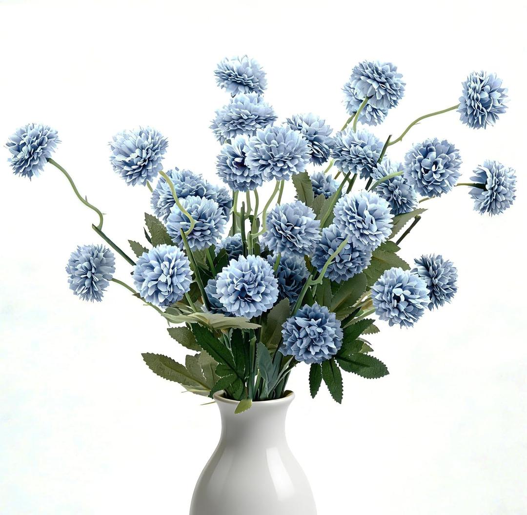 8pcs Blue Fake Flowers Silk Pompon Mum Artificial Flowers,Mini Artificial Chrysanthemums with Stems,Faux Flowers For Vase,for Wedding Centerpieces, flower arrangements, vase fillers, and home decor