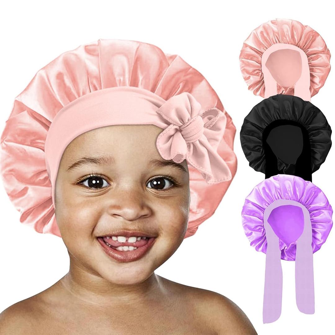 FIRSTPELLA 3 Pcs Baby Hair Bonnet for Sleeping - Kids Silk Satin Bonnets for Girls Curly Hair,Satin Sleep Bonnet for Teens Toddler Child(Pink+Black+Purple)