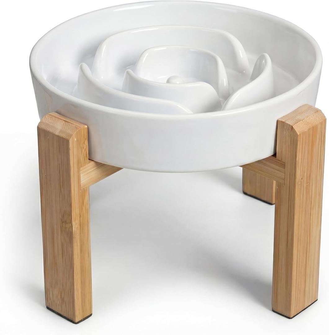Elevated Slow Feeder Dog Bowl  Ceramic Maze Food Dish with Bamboo Stand  Raised Feeding Bowl for Fast Eaters  Ideal for Small and Medium Dogs  White  6.7 inch