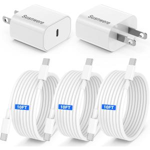 Genuine 20W USB C Charger Block - 2 Pack Fast Charger For iPhone 15/16, iPad Pro, AirPods, Samsung - 3 Pack 10ft USB-C Cable (White)