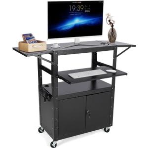 Rolling AV Cart with Locking Cabinet, Laptop Stand, and Drop Leaves, Height Adjustable Mobile Utility Cart Workstation with Extra Storage Space, Power Strip