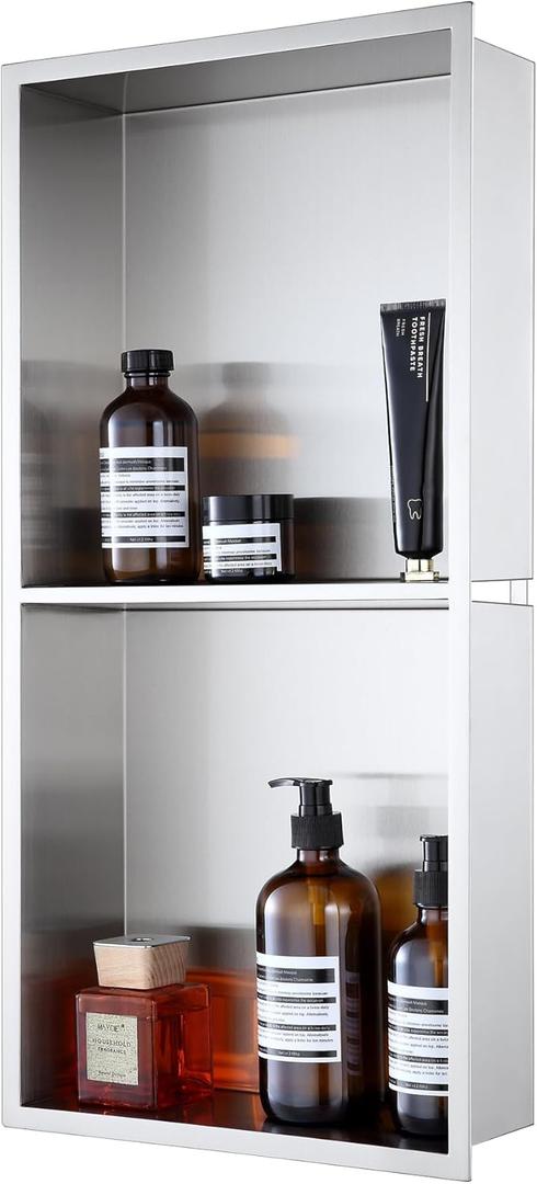 ROVOGO Stainless Steel Shower Niche 24" X 12" X 4" with Double Shelves, No Tile Needed Recessed Wall Niche Insert for Bathroom Storage, Over Mount Installation, Easy Clean Design, 2-Tier, Brushed
