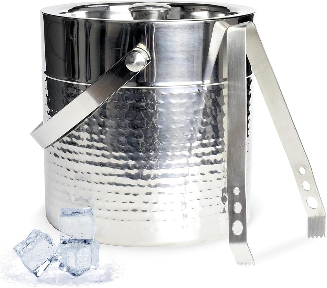 Chef Craft Hammered Ice Bucket with Tongs, Elegant Rust-Resistant Stainless Steel Ice Bucket, 3-Quart Ice Bucket Ice Buckets for Parties, Large Ice Bucket for Indoor or Outdoor Use