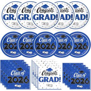 Graduation Decorations 2026, 200 Pcs Class of 2026 Graduation Party Supplies Kit with Paper Plates, Luncheon and Cocktail Napkins, Congrats Grad Decorations for 50 Guests (Blue)