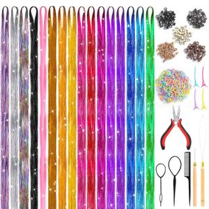 Hair Tinsel Kit (48 Inch, 16 Colors, 3200 Strands), Glitter Tinsel Hair Extensions with Tools, Heat Resistant Fairy Hair Tinsel Kit with Hair Tinsel Beads for Women Girls Daily Parties Festival