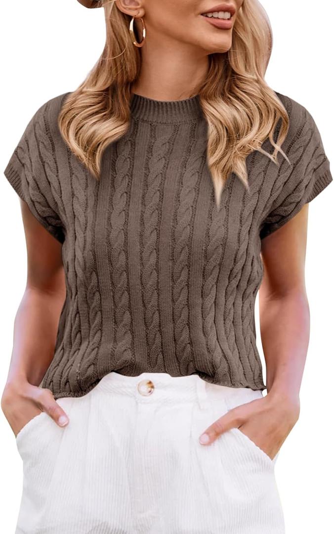Saodimallsu Womens Summer Crewneck Crop Tops Casual Loose Fit Cable Knit Pullover Sweater Coffee, Large