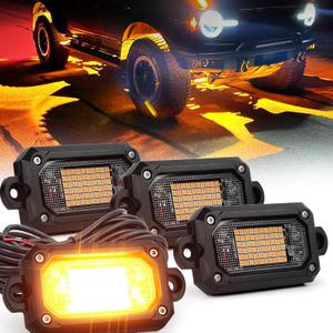 Amber Rock Lights, 4 PCS 60 Chip Rock Lights for Trucks UTV ATV RZR, Underglow Light Kit with 15FT Wiring Harness