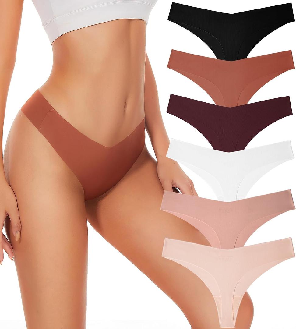 Seamless Thongs For Women V-waisted No Show Thong Seamless Panties Breathable Comfortable Underwear Womens 6-Pack (Black, M)