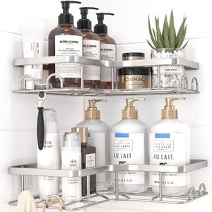 Corner Shower Caddy - 2 Pack, Adhesive Shower Organizers, Rustproof Stainless Steel Shower Shelves with 8 Hooks, No Drilling Bathroom Organizers and Storage Racks, Space-Saving, Silver, Medium