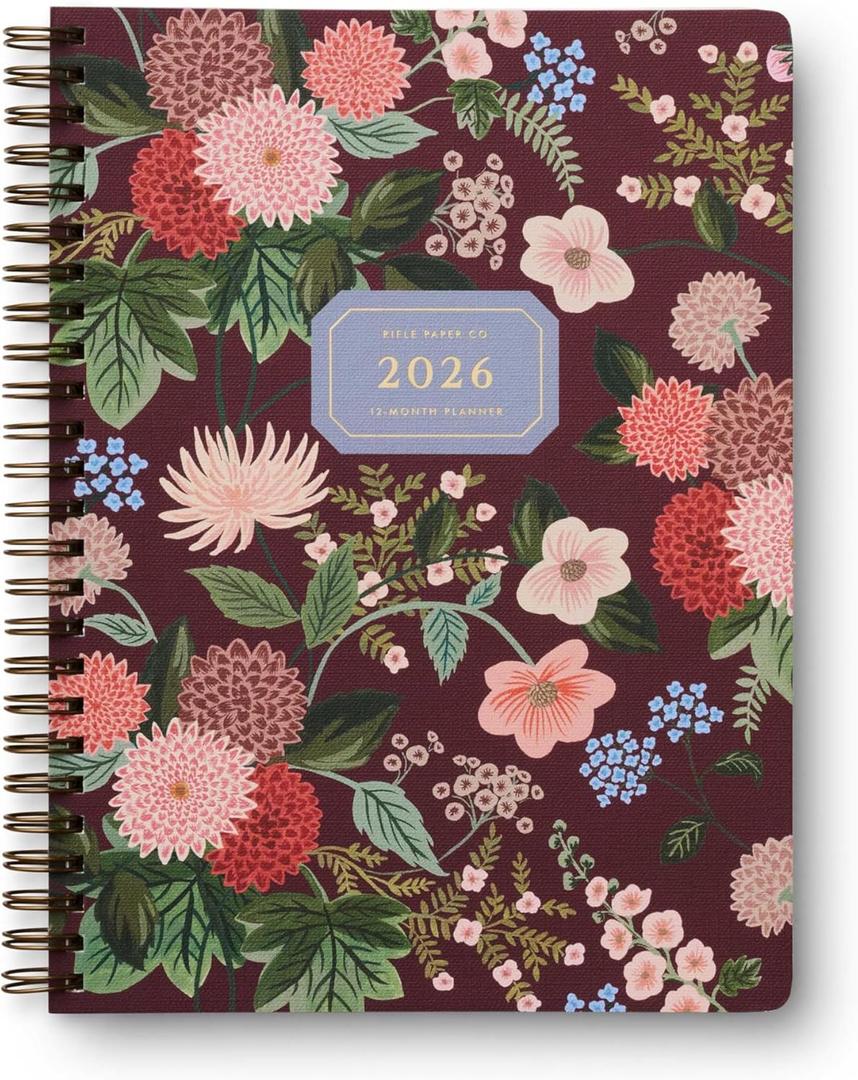RIFLE PAPER CO. 2026 12-Month Softcover Spiral Planner, Includes Sections for Monthly Views, Contacts, Celebrations, Includes Pockets for Storage, Patterned in Dahlia