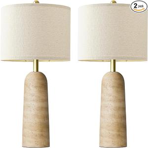 BOBOMOMO 27.25" Modern Table Lamp Set of 2, Warm Beige Resin Lamp with Natural Stone Look, Lamps for Living Room with Linen Shades, Bedside Lamp for Bedroom, Living Room, Nightstand, Entryway