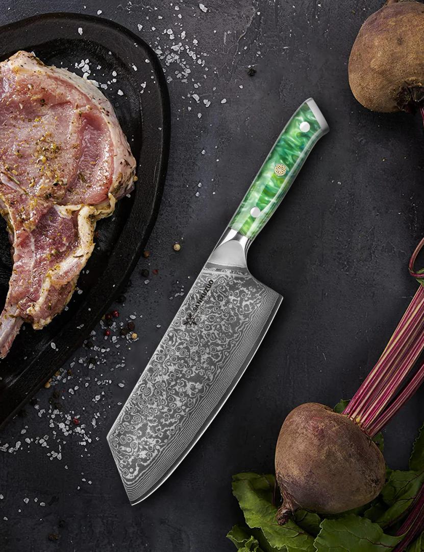 Knife - 7.5 inch Cleaver Knife- Xuan Series - VG10 Damascus Steel Kitchen Knife - Resin Handle, Jade Green