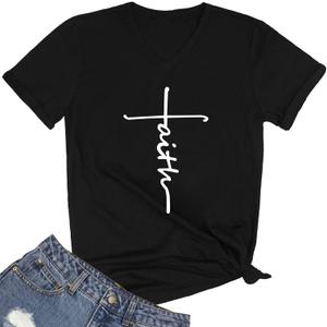 Women Faith Graphic V-Neck Cute Tee Shirts Tops (Small, Black)