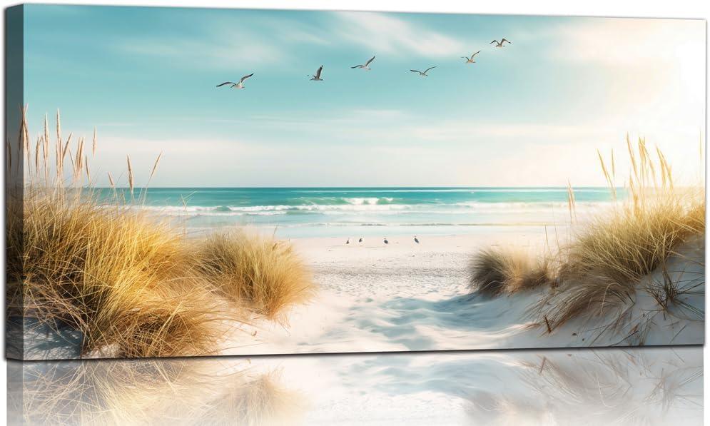 Beach Canvas Wall Art Decor Ocean Pictures Prints for Living Room Coastal Path Painting Seascape Artwork Sea Reeds Landscape for Bedroom Bathroom Home Office Decorations(20"*40")