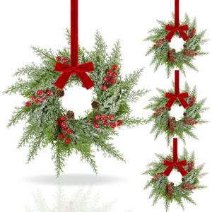 4 Pcs Mini Christmas Cabinets Wreath for Kitchen Small Christmas Ceder Candle Rings Wreaths Artificial Norfolk Pine Red Berry Garland Hanging Ornament Farmhouse Wreath for Holiday Xmas Party Decor