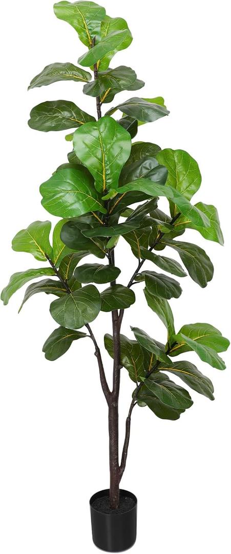 Artificial Fiddle Leaf Fig Tree with White Planter, 6ft Tall Fake Tree with Natural Wood Trunk for Home Decor, Faux Ficus Tree Fake Moss for Indoor Office Living Room
