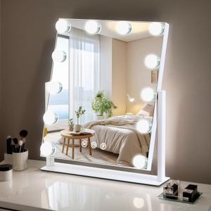 Vanity Mirror with Lights, 13'' x 11'' Lighted Makeup Mirror for Desk, Hollywood Mirror with 12 Dimmable Bulbs, 3 Color Modes, Smart Touch Control, 360Rotation