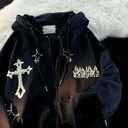Gothic Embroidery Hoodies Women Retro Harajuku Hip Hop Jacket Zip Up Hoodie Loose Sweatshirt Clothes Y2K Tops (Black, M)
