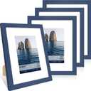 8x10 Picture Frame Set of 4, 8 x 10 Wood Photo Frames with Mat for 5x7, Natural Wooden Frame with Real Glass Cover for Wall and Tabletop Display,Blue